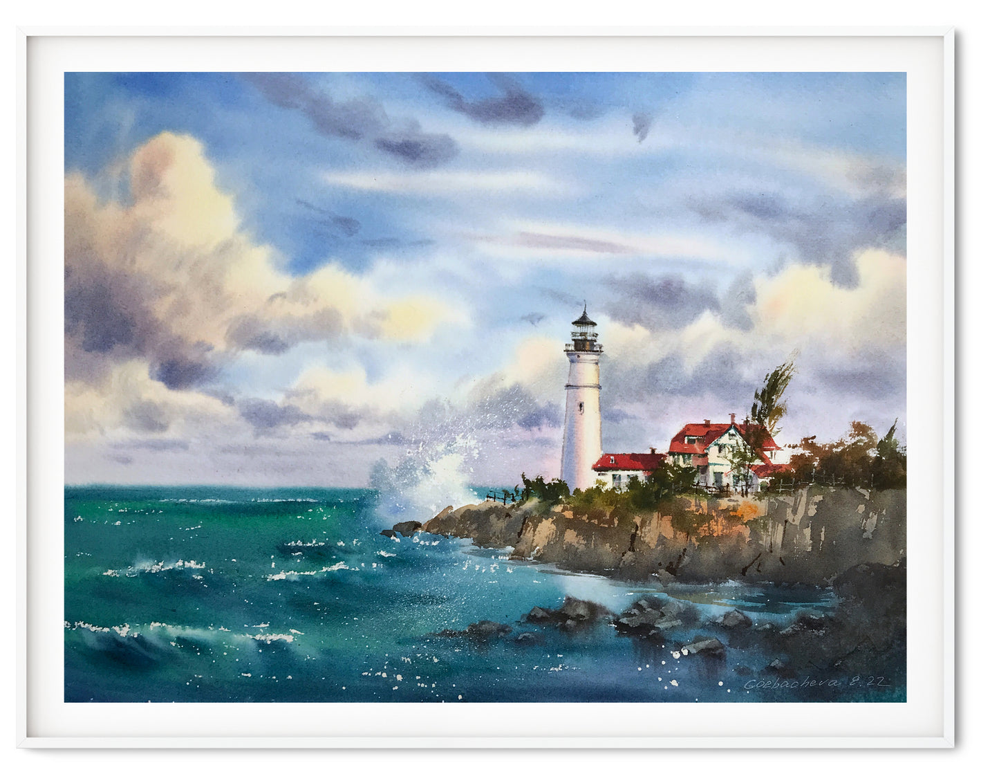 Watercolor Original Painting - Before the storm, Lighthouse #2 - 18x14 in