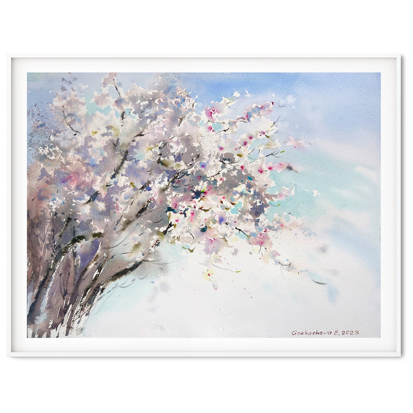 Blooming Flower Tree Painting, Watercolor Original Artwork, Flowering Almond, Flora Wall Decor, Botanical Art, Gift