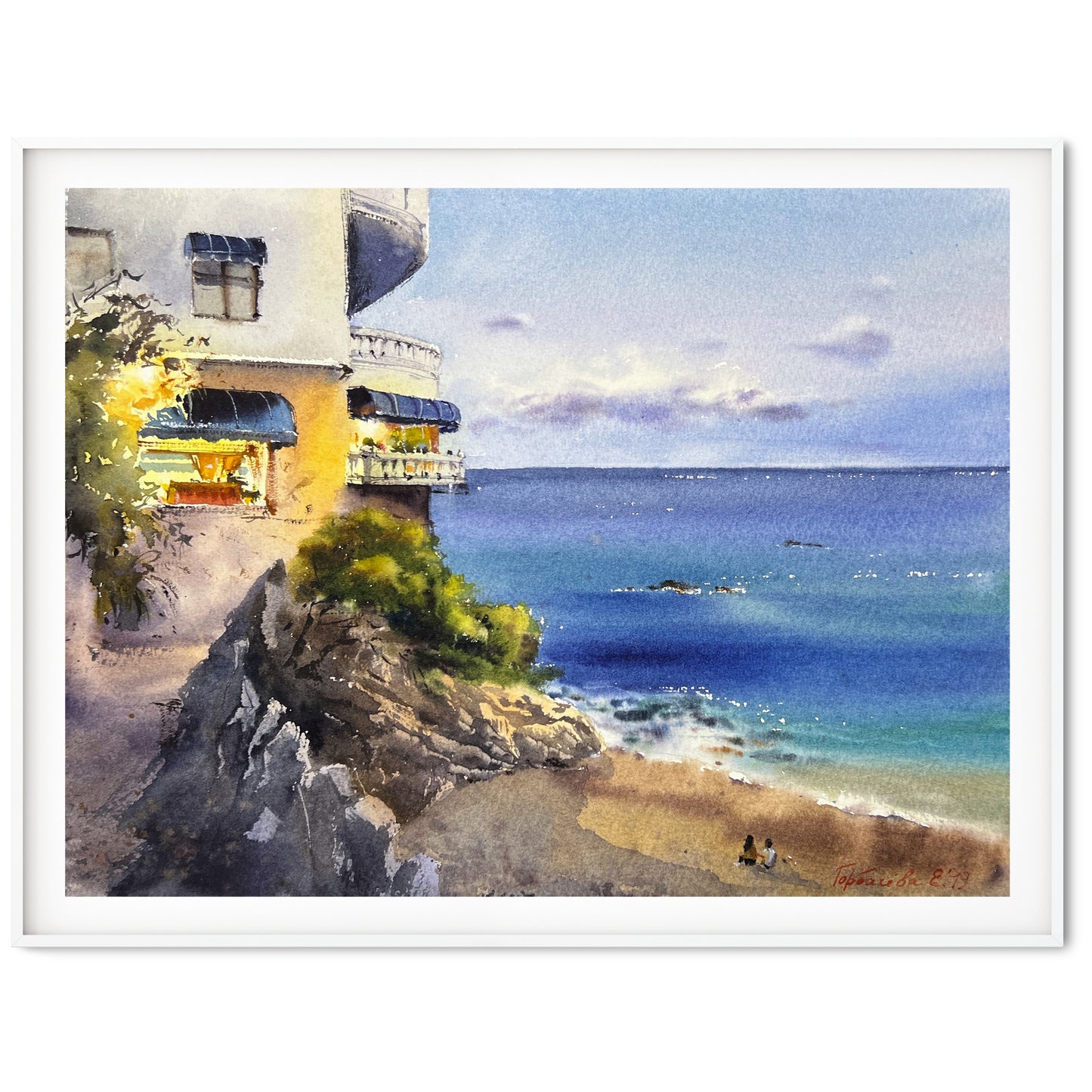 Original Painting of Spanish Beach Hotel, Watercolor Art, Coast of Spain, Coastal Town, Costa Brava