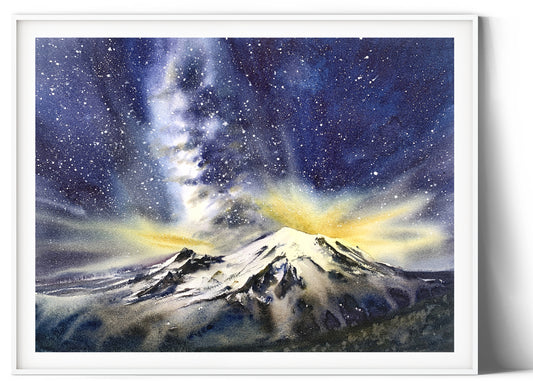 Milky Way Wall Art, Night Sky Stars Print, Mountain Peak Watercolor Painting, House Wall Decor, Canvas Print, Dark blue
