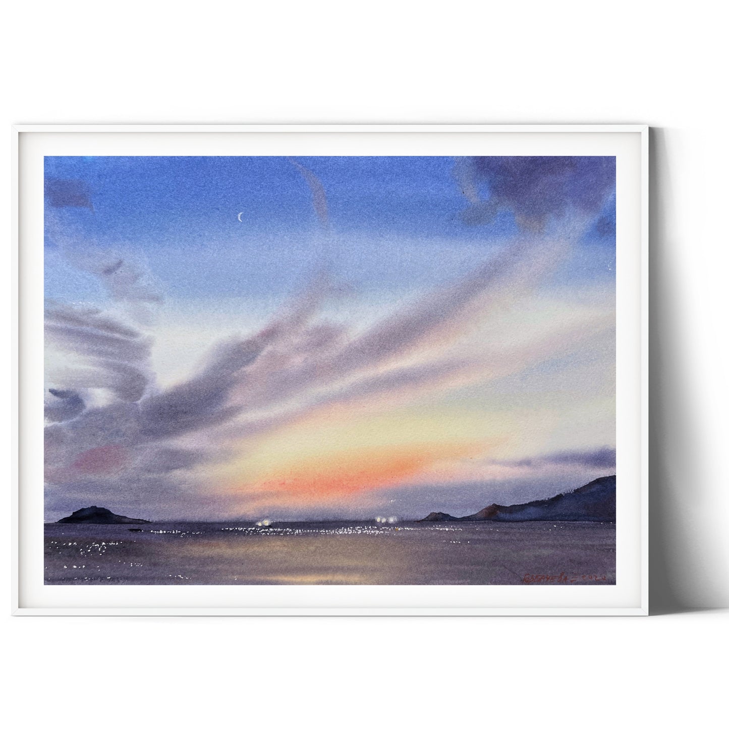 Soft Sunset Painting, Thailand Beach Watercolor Original Art, Asia Wall Art, Purple Cloud Sky, Nature, Gift For Her
