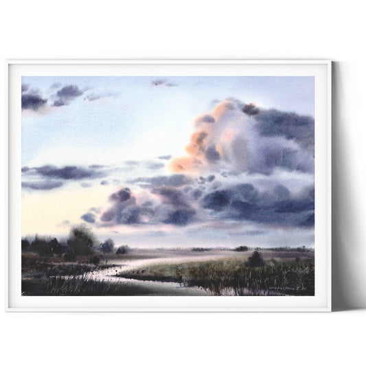 Clouds Landscape Art Print, Scenery Painting, Farmhouse & Country Wall Decor, Watercolor Field, Canvas Prints