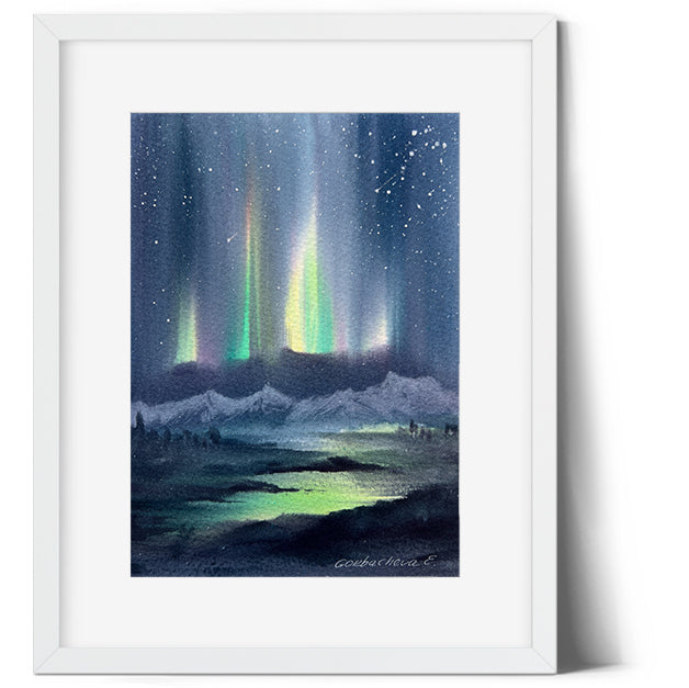 Aurora Painting Original, Watercolor Northern lights, Winter Landscape, Frozen River, Norwegian Wall Art
