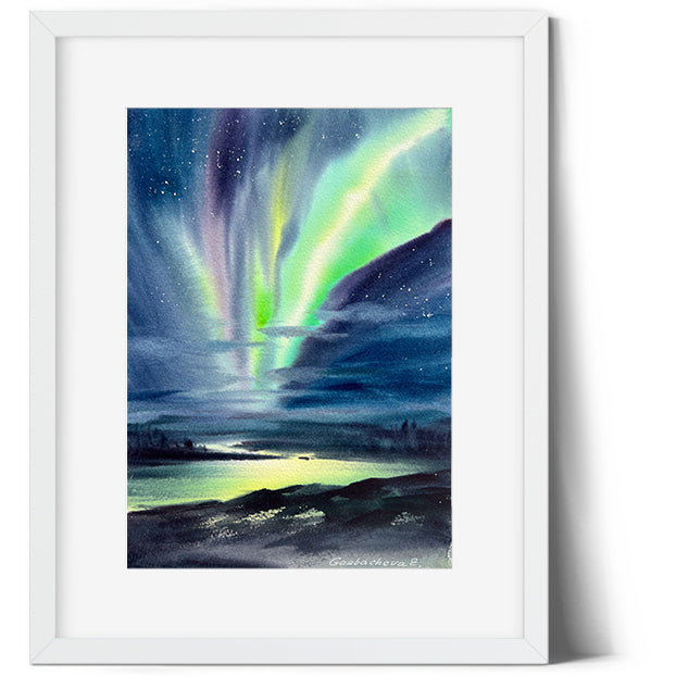 Painting Northern lights, Small Original Watercolor, Starry Night Sky Art, Northern Landscape, Aurora Borealis