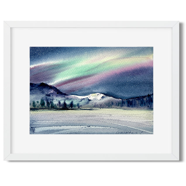 Northern Lights Small Painting Watercolor Original, Aurora Borealis Wall Art, Winter Nordic Landscape