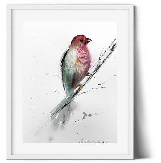 Red-Green Bird Minimal Art, Handmade Watercolor Painting, Unique Art Piece for Home, Great Gift for Art Lovers