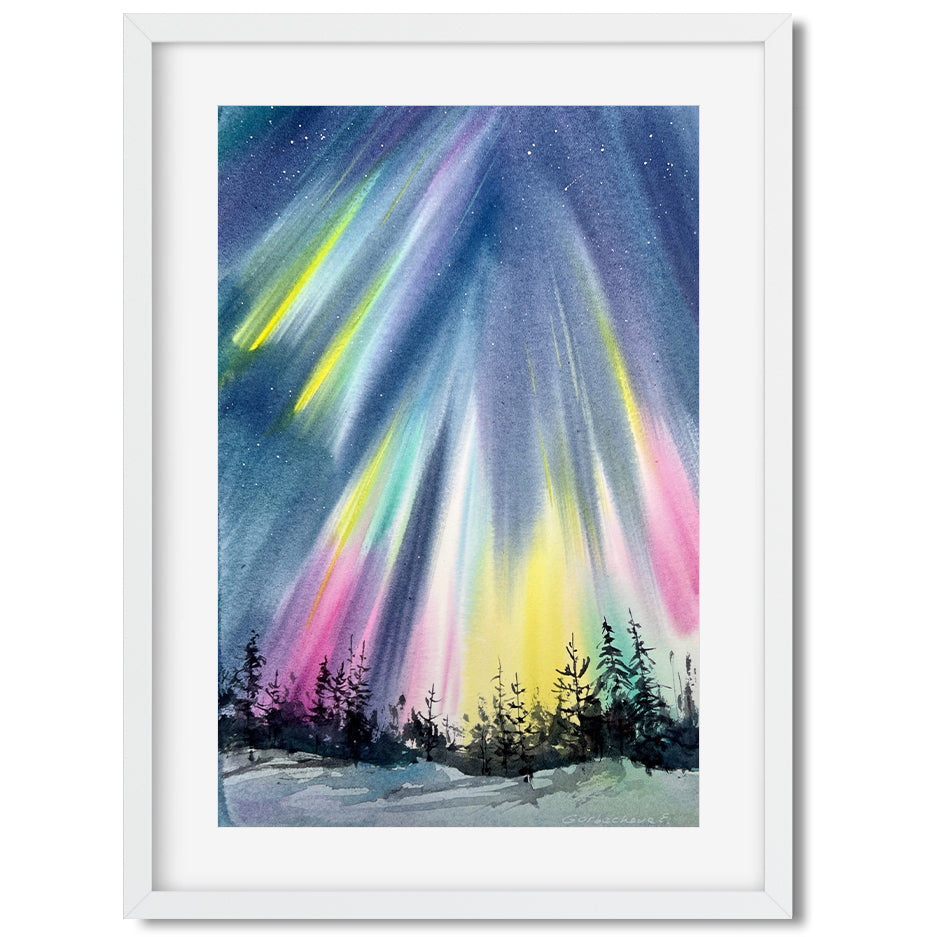 Original Watercolor Painting - Northern Lights #51 - Snowy Scenery, Aurora Night Sky Christmas Art