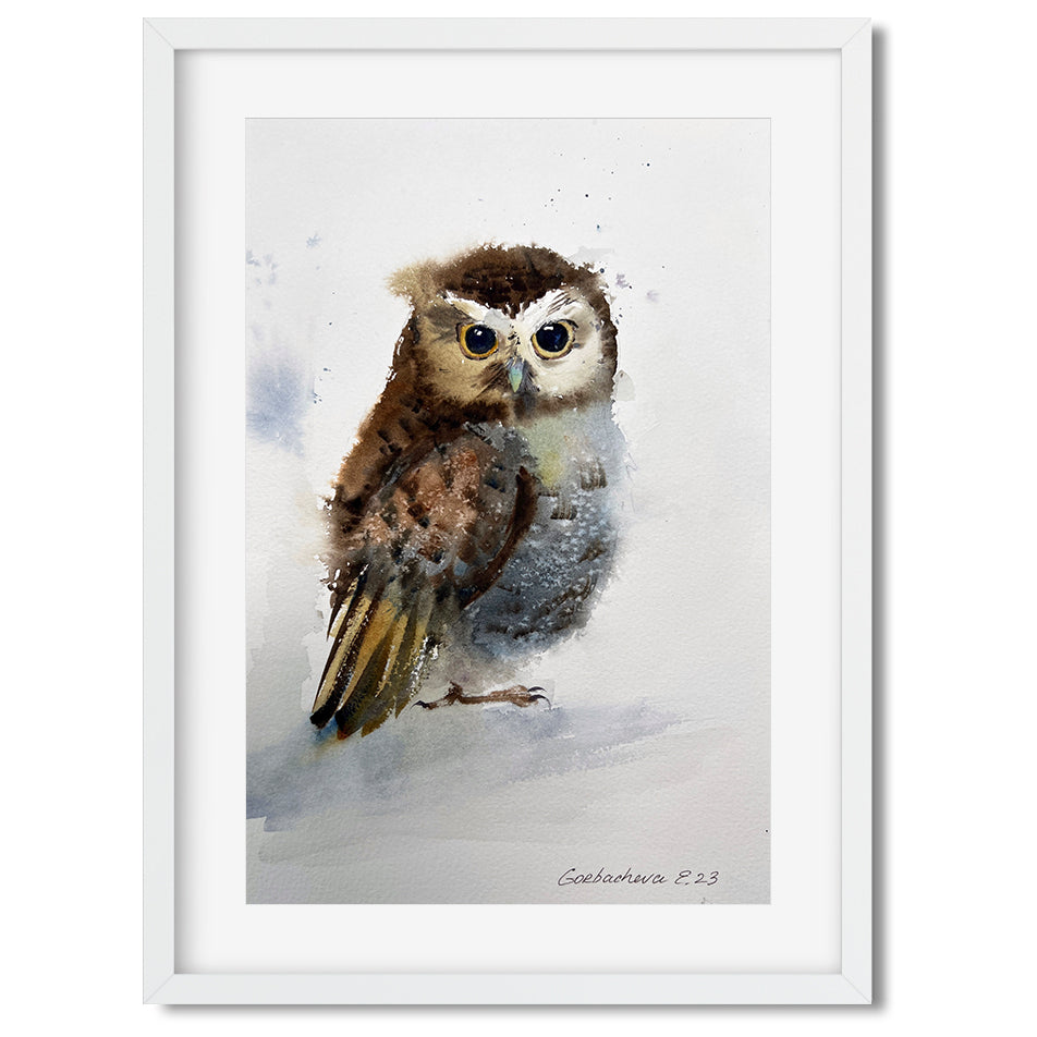 Little Owl Watercolor Painting, Small Original Artwork, New Year Christmas Gift For Bird Lover, Kids Room Wall Art Decor