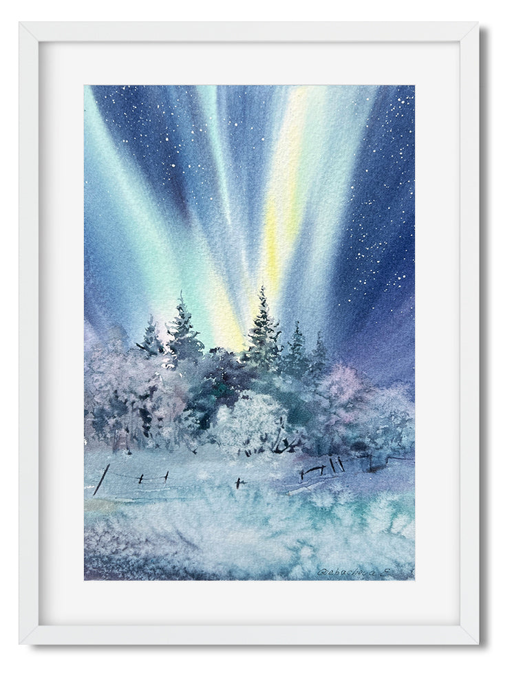Aurora Borealis Small Painting Original Watercolor, Northern lights Wall Art, Winter Nordic Landscape, Norway, Ice
