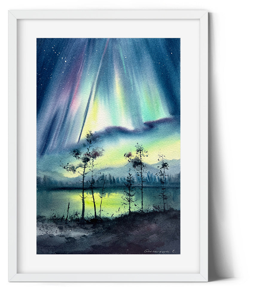 Small Painting Northern lights, Original Watercolor, Night Starry Sky Art, Winter Landscape, Aurora Borealis, Christmas