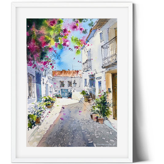 Original Small Watercolor Painting - Blossoms of Costa Blanca - Mediterranean Townscape