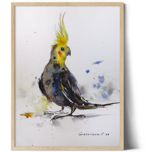 Bird Watercolor Painting Original, Cockatiel Tropical Art, Parrot Lover Gift Artwork, Yellow Gray Wall Decor