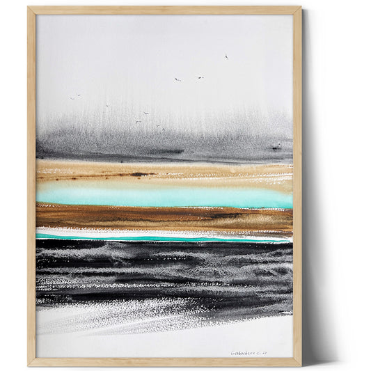 River Valley Abstract Painting - Watercolor in Gray, Burnt Orange, Turquoise Tones