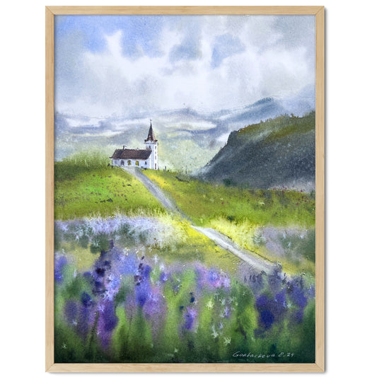 Watercolor Painting of Church in The Mountains, Spring Landscape, Home Wall Art, Original Artwork, Lilac Flower Field