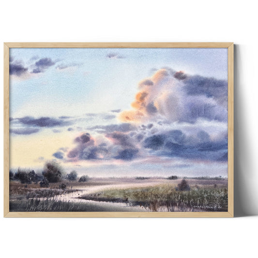 Foggy Landscape Painting, Original Watercolor, Country House Wall Decor, Scenery Painting With Field In An Early Morning