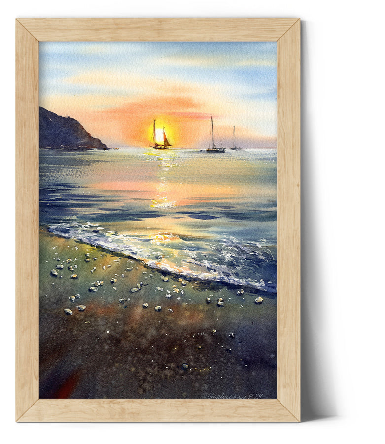 Sailboat Sunset Watercolor Original Painting - Coastal Seascape Wall Art - Sunset romance #3