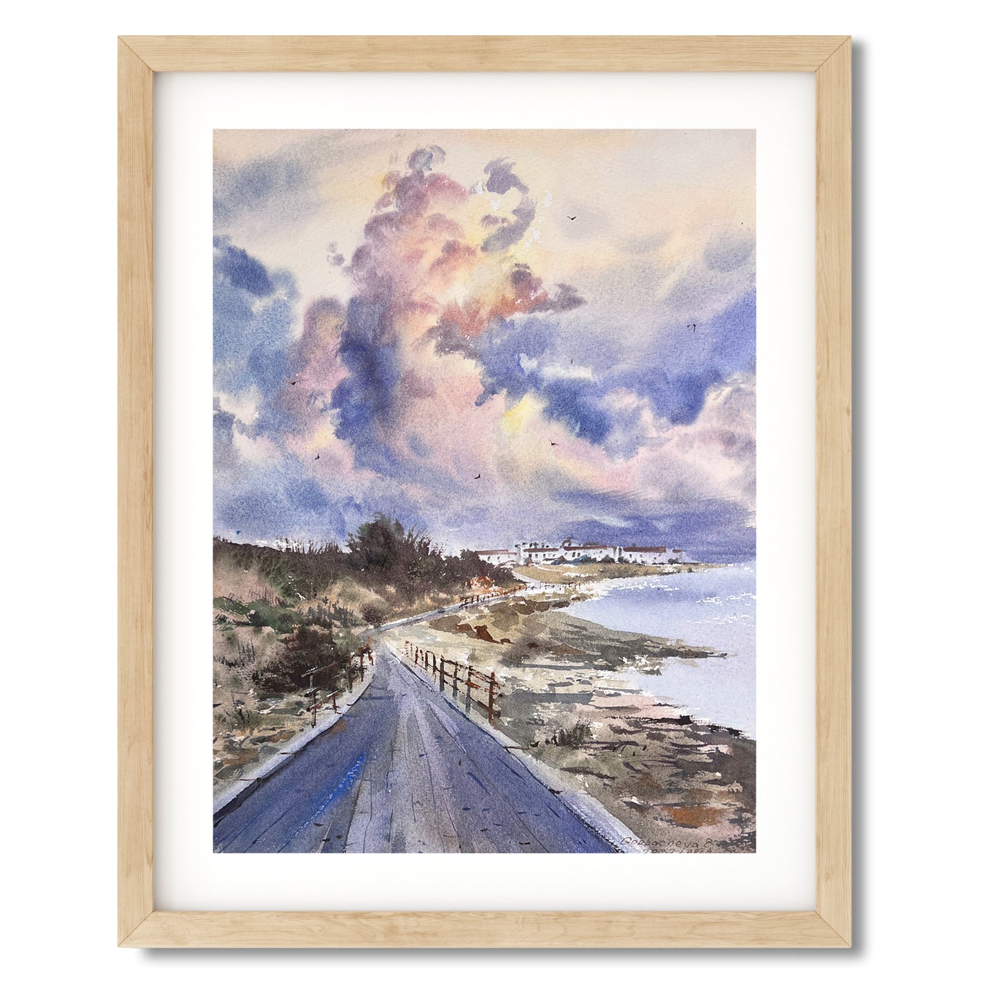 Watercolor Painting Coastal Path, Original Art, Purple Sky Painting, Modern Artwork, Seascape, Gifts Idea