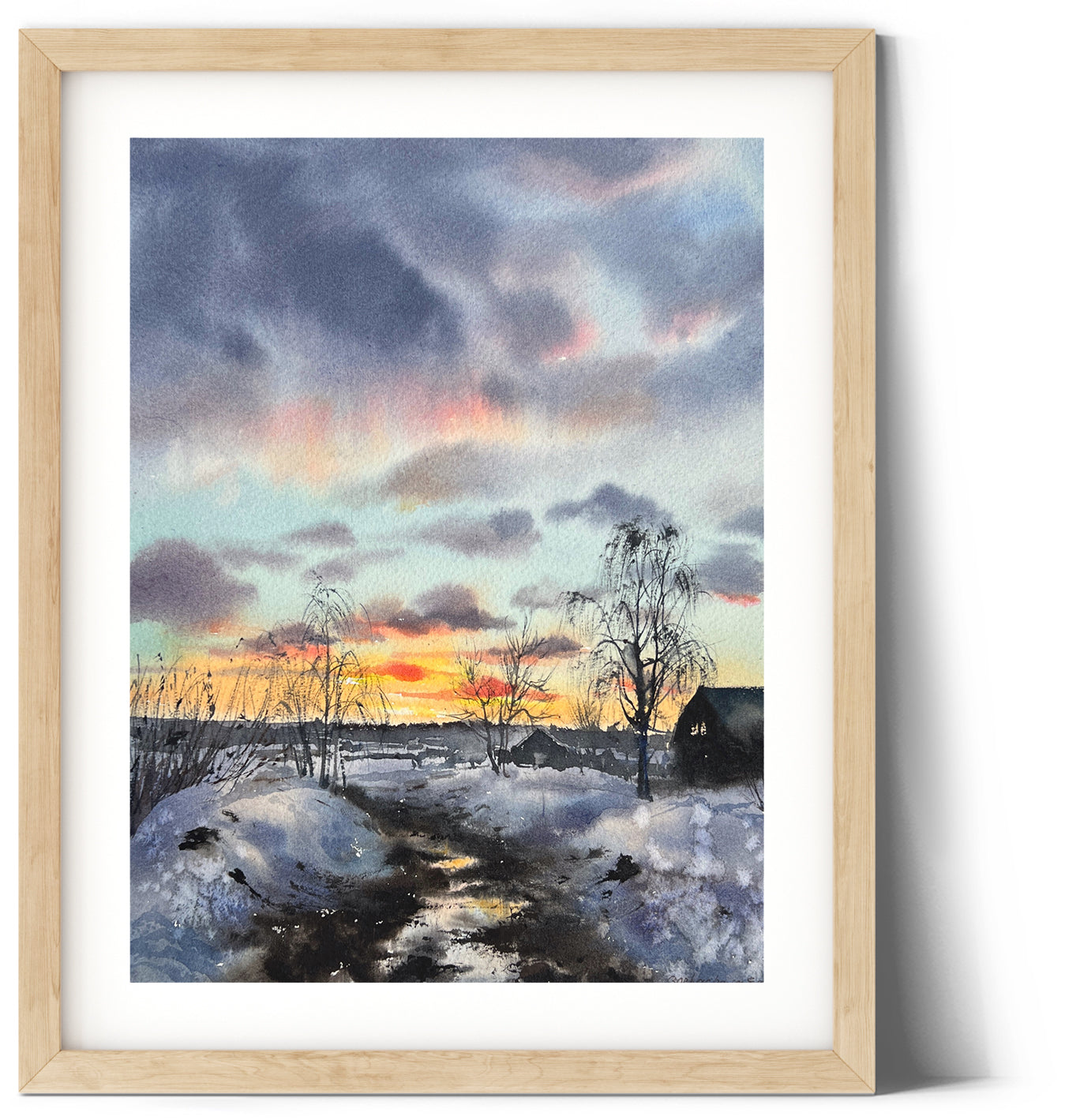 Snowy Forest Painting Original, Watercolor Landscape, Snowy Trees Wall Decor, Winter Art, Sunny Evening