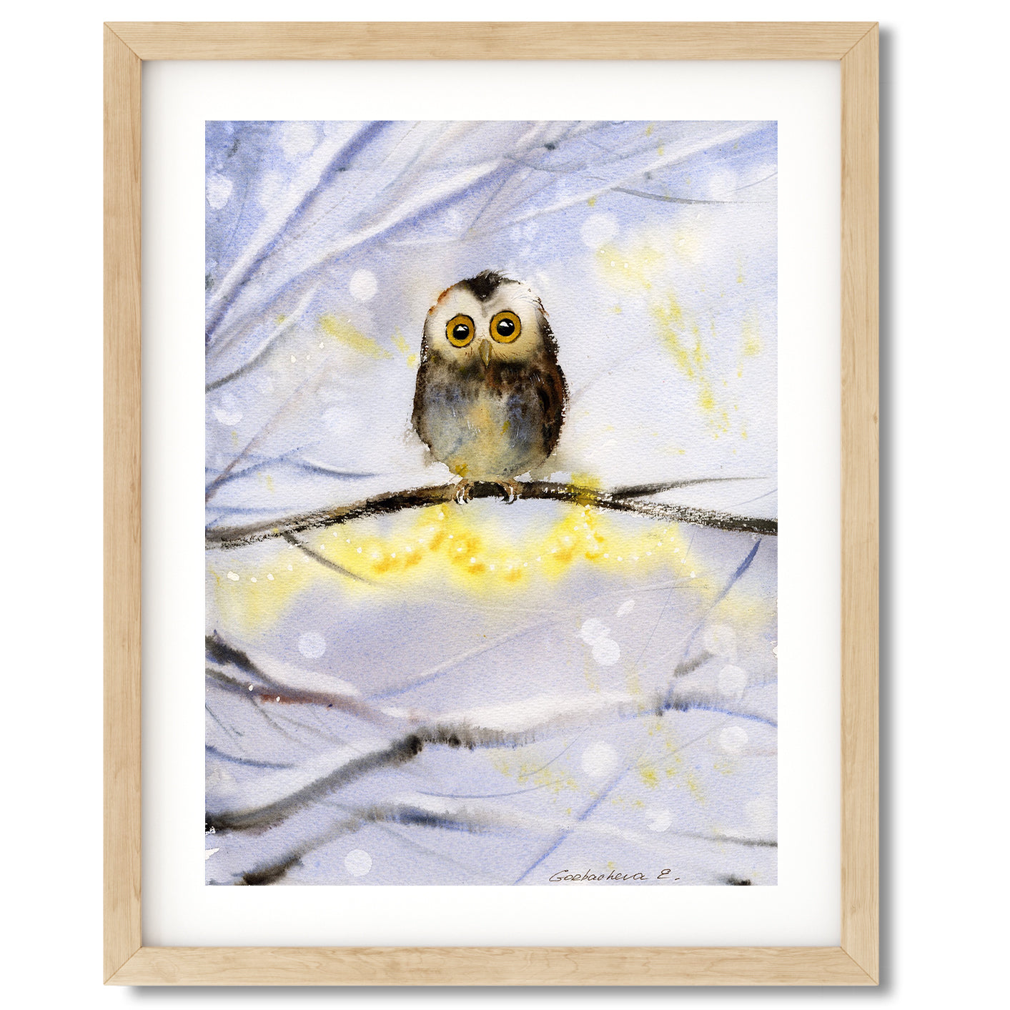 Watercolor Owl Painting Original - Little owl on a branch #16