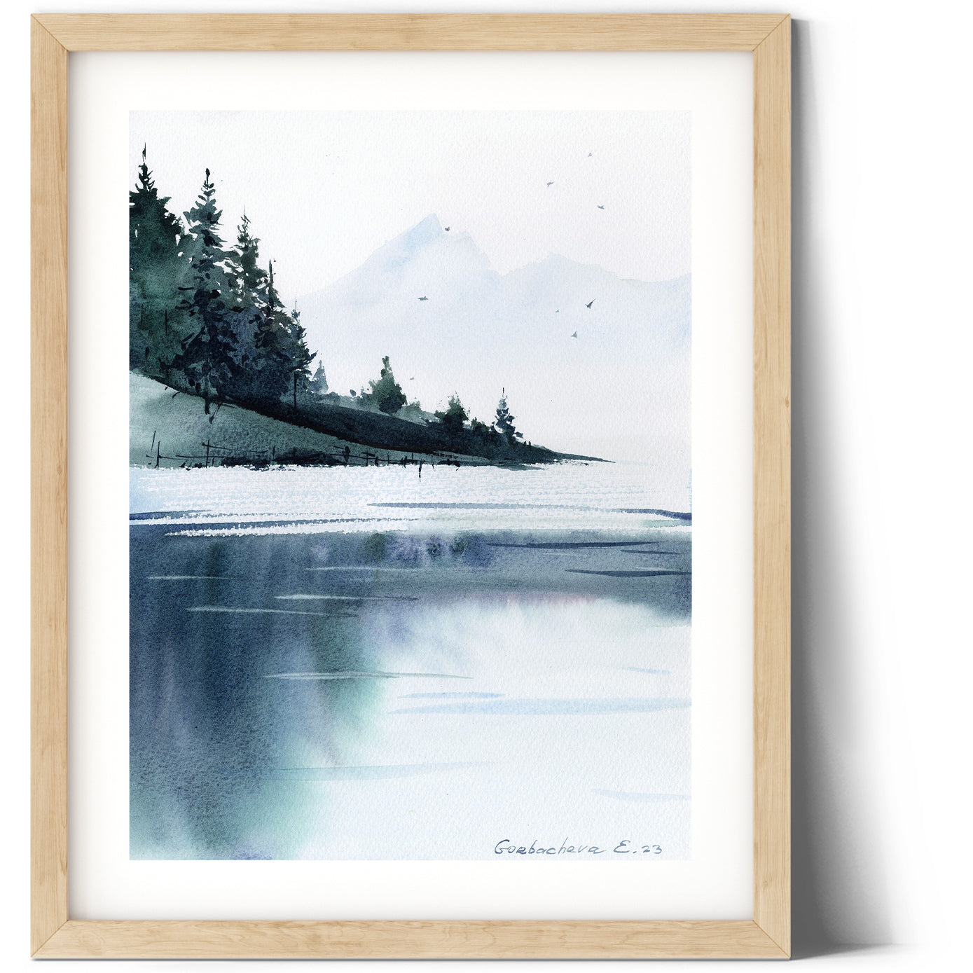 Modern Watercolor Original Painting - Mountain Lake #34