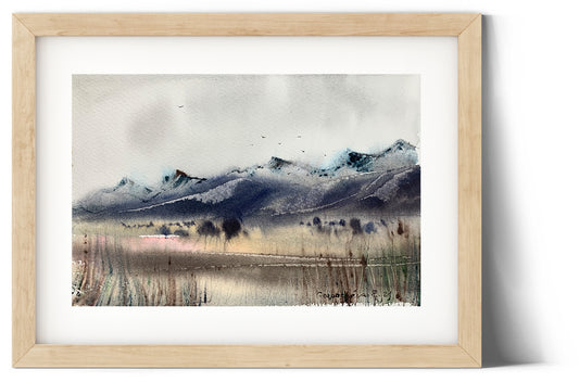 Mountain Glade, Original Watercolor Painting, Landscape Wall Art, Mountains, Wildflowers, Field, Neutral Color Abstract