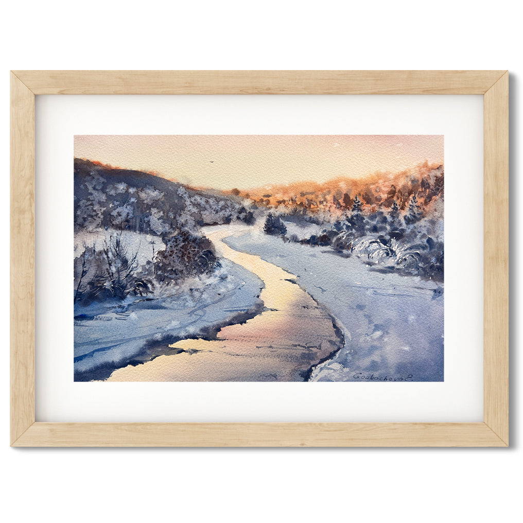 Snowy Field Painting Original, Watercolor Winter Landscape, Snowy Trees Wall Decor, Frozen River Art, Frosty Morning