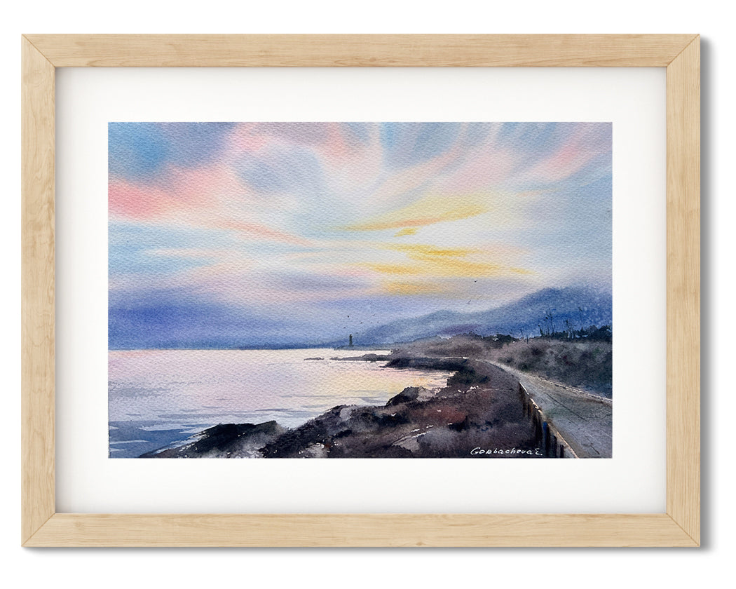 Original Watercolor Painting - Dawn on the sea Cyprus #6 - Colorful Coastal Art