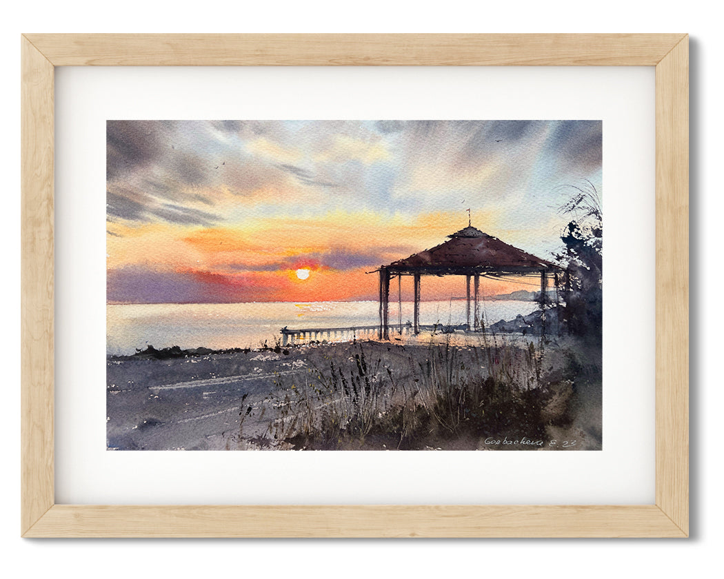Sea Sunset Painting, Watercolor Original Seascape, Cyprus Landscape, Ocean Wall Art, Modern Art Boho