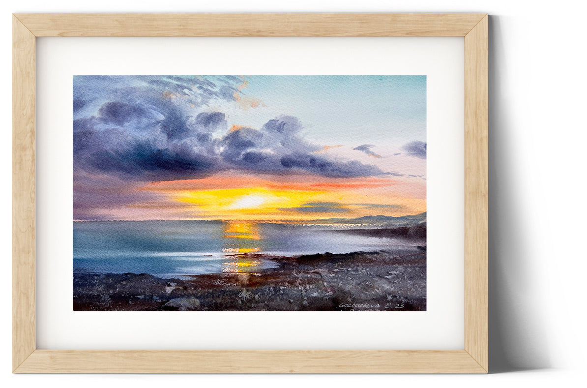 Abstract Seascape Painting Original, Sunset Ocean Wall Art, Small Watercolor Artwork, Horizontal Clouds, Gift For Dad