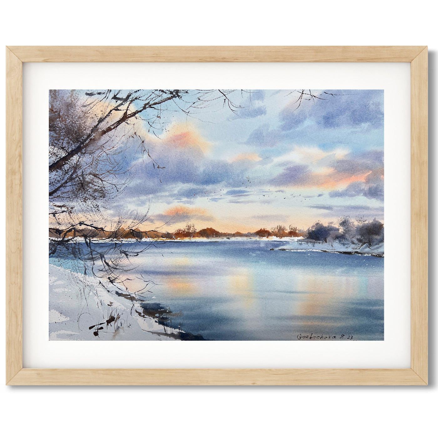 Winter Painting, Small Watercolor Original, Night Sky, Snowy Landscape, Frozen River Artwork, Unique Gift