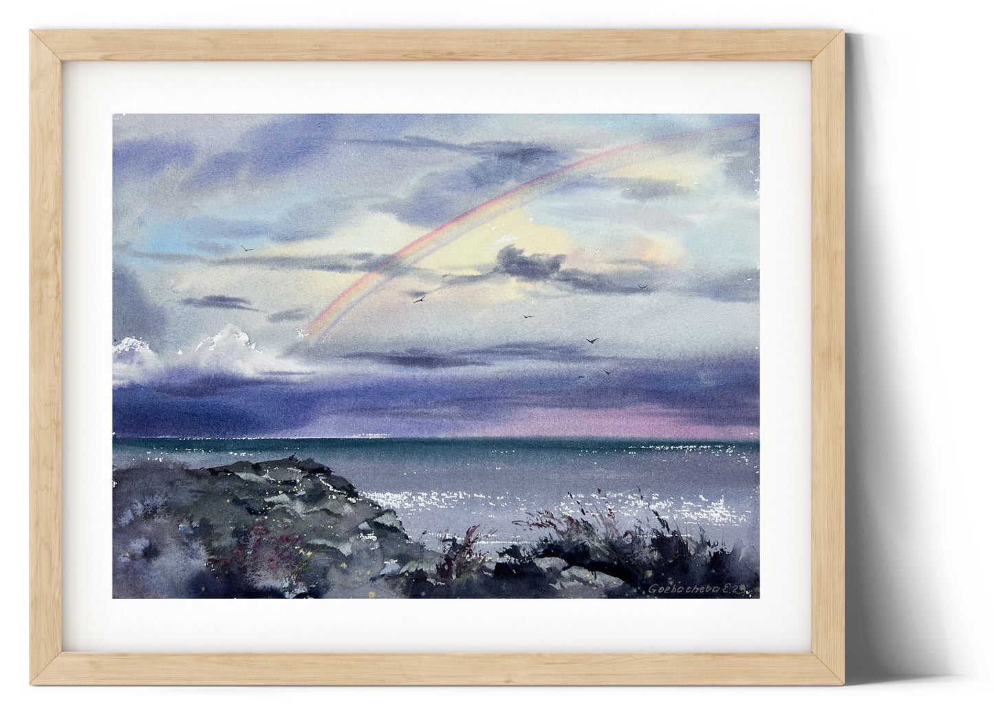 Rainbow Cloud Sky Seascape Watercolor Painting, Original Artwork, Blue Sea, Purple Art, Coastal Wall Decor, Gift