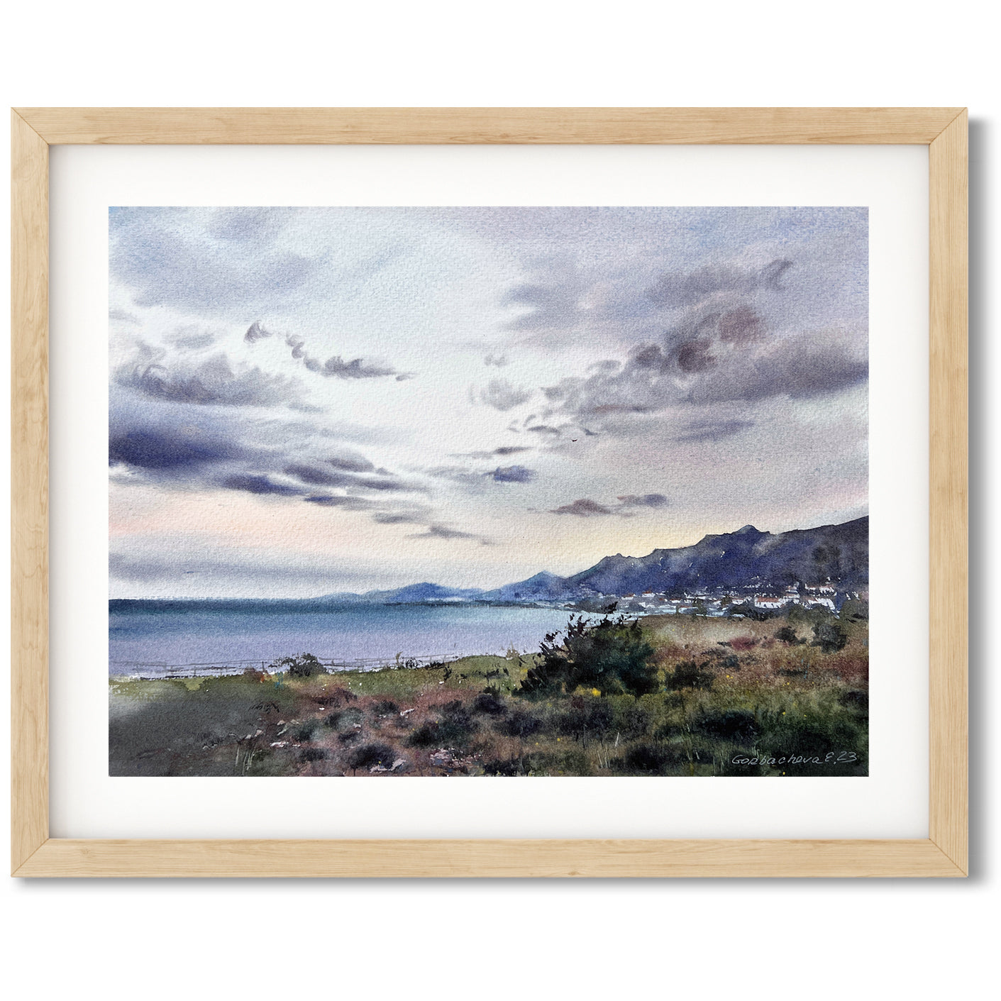 Cyprus Coast Painting Original Watercolor, Sea Clouds Wall Art, Wave Living room Wall Decor, Unique Gift, Blue Seascape