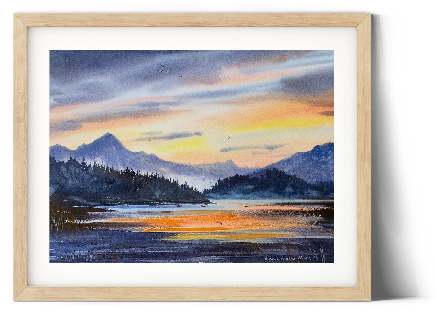 Mountain Lake, Watercolor Painting Original, Landscape Wall Art, Mountains, Wildflowers, Pine trees, Forest Nature Wall Art