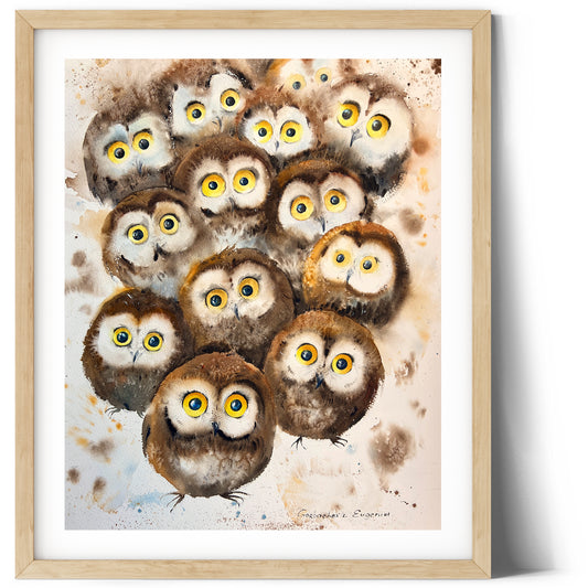 Cheerful family #2 - Owl Family Watercolor Painting - Perfect Gift for Bird Lovers, Art Wall Decor