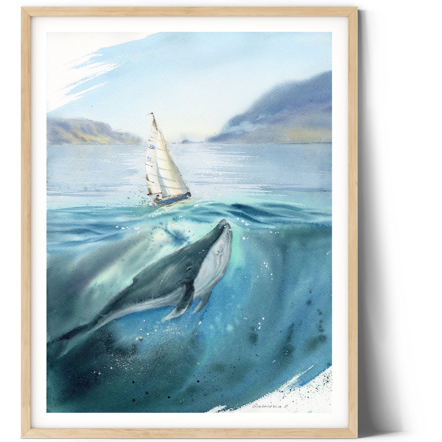 Whale & Sailboat in Watercolor - Original Painting - Beautiful Seascape with Yacht & Coastline