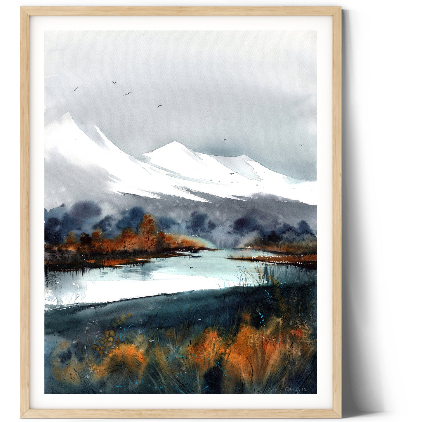 Fall Mountain Print, Abstract Landscape Wall Art, Watercolor Canvas Painting, Modern Art Gift, Grey, Living Room Decor