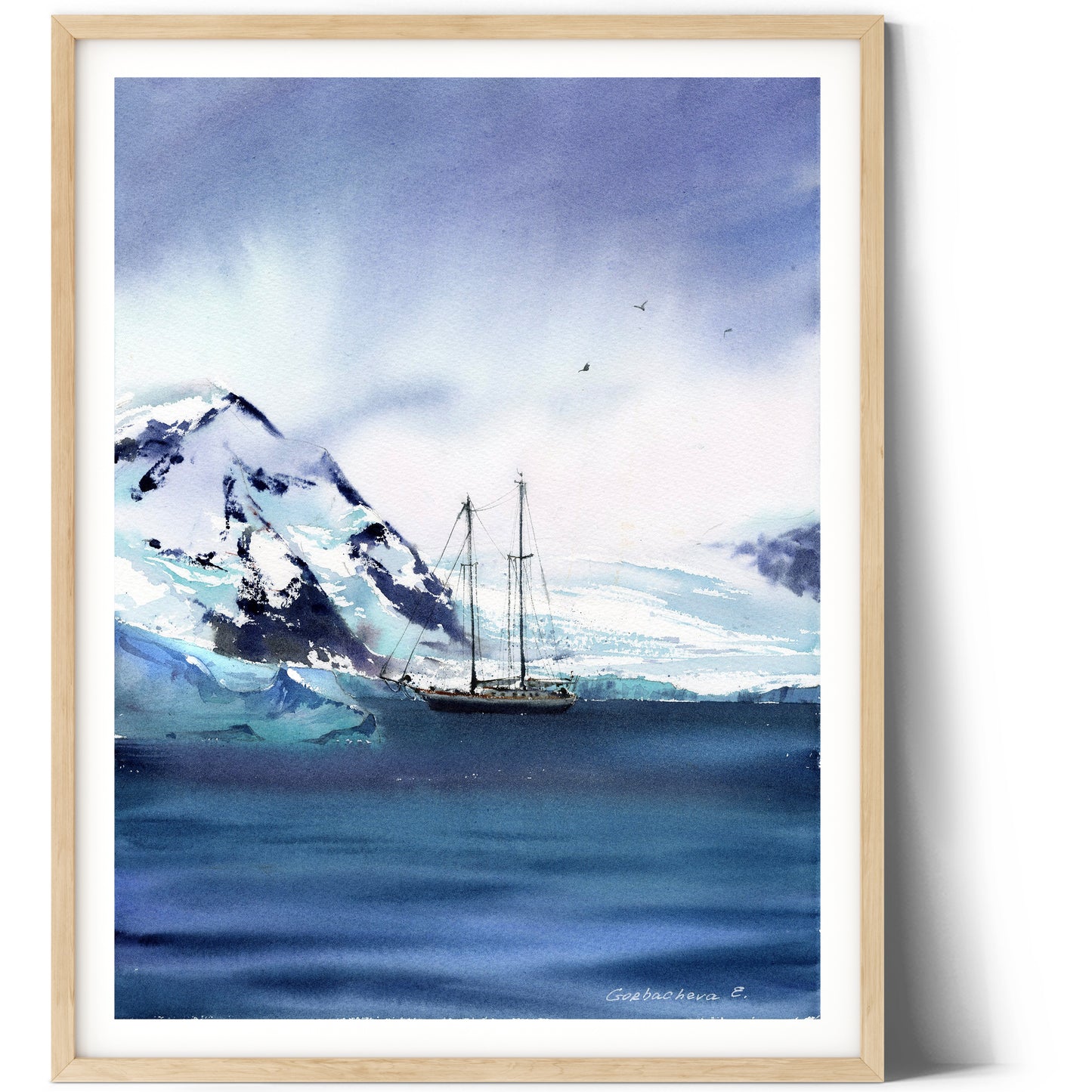 Antarctica Ship Painting Original, Watercolor Winter Seascape, Explorer, Adventure Travel Art, Greenland Wall Decor