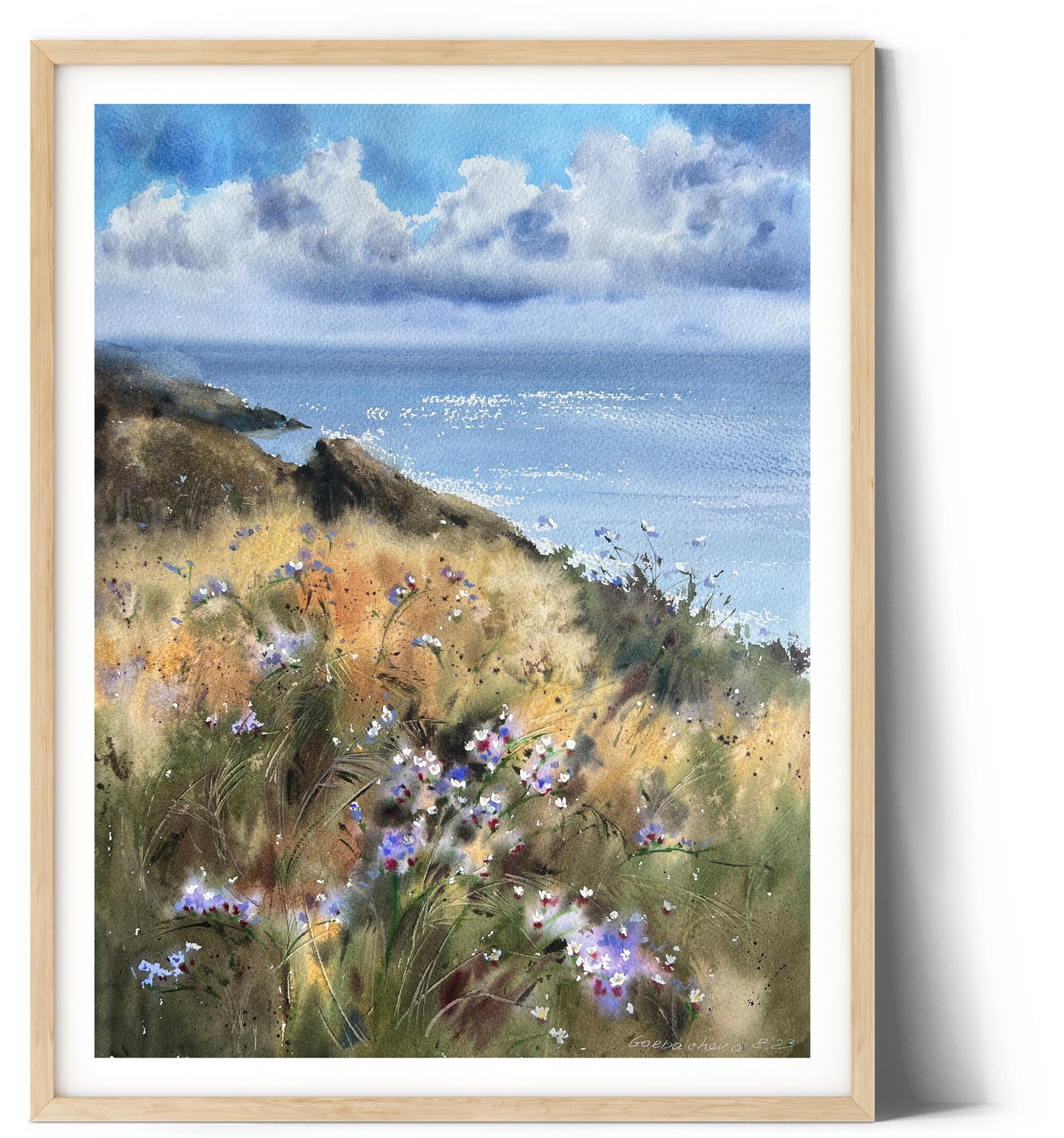 Coastal Wildflower Painting Original Watercolor, Seaview Art, Seascape Living room Wall Decor, Gift for Sea Lover