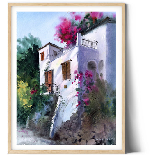 Cyprus Watercolor Painting, Original Artwork, Coastal Art Decor, Bougainvillea Flower, Gift For Home