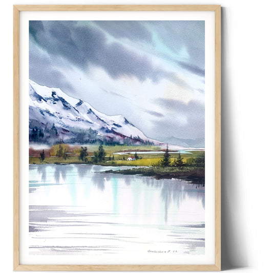 Lake House Painting Watercolor Original, Abstract Mountain Landscape, Green Mountains, Modern Art Decor