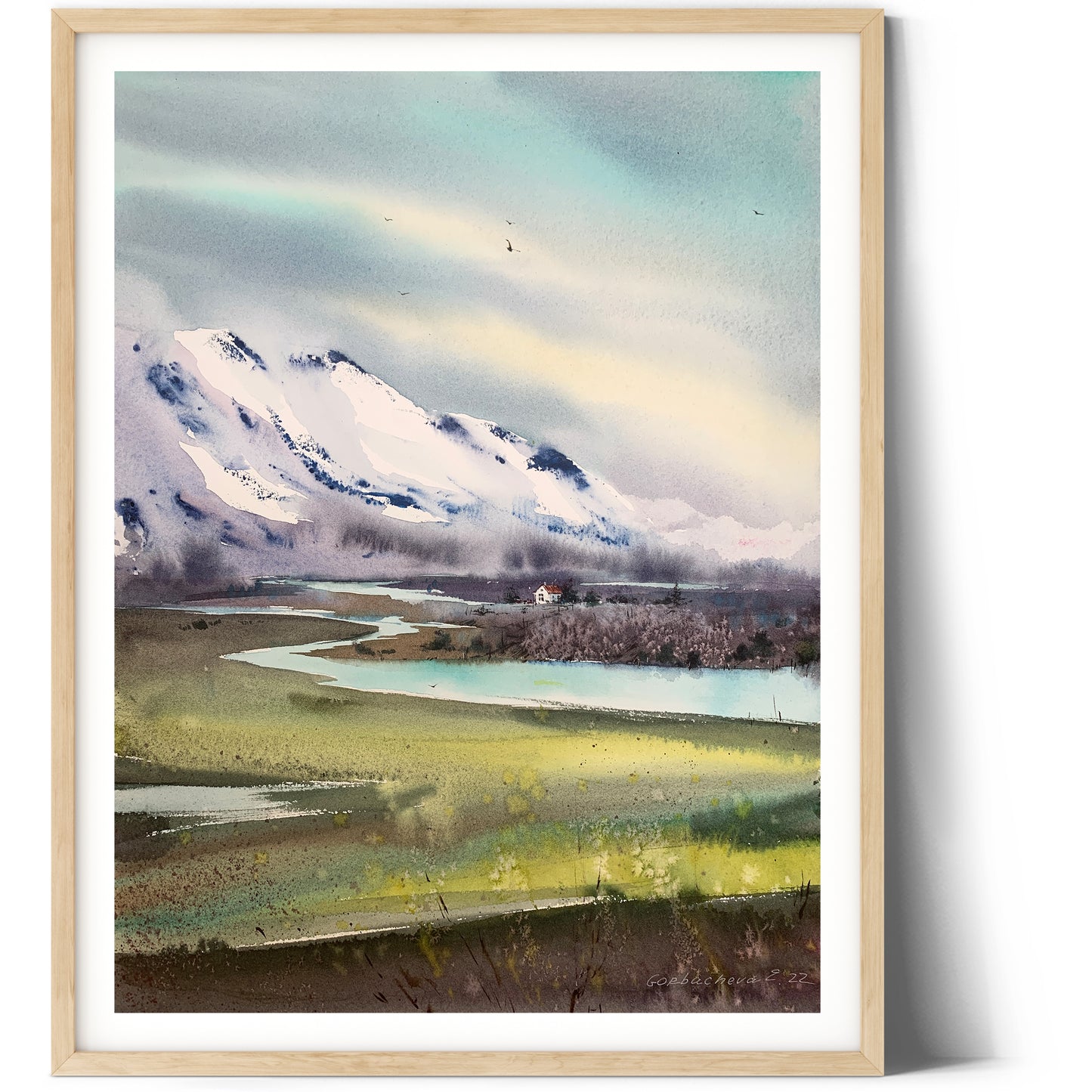 Mountain House, Watercolor Painting Original, Abstract Landscape Mountains, Bedroom Art Decor