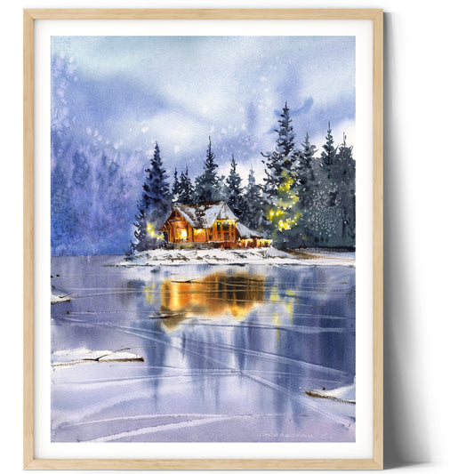 Winter Painting, Small Watercolor Original, Night Sky, Snowy Landscape, Frozen Lake Artwork, Christmas  Gift