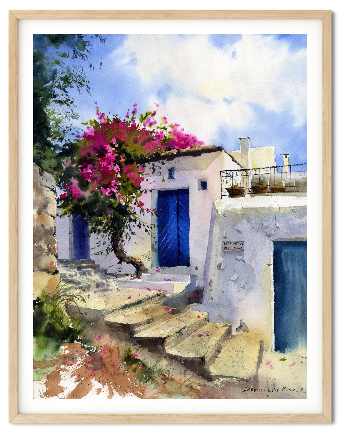 Old House Print, Architecture Wall Art, Vintage Greek Blue Door, Greece,  Watercolor Art, Mediterranean Painting