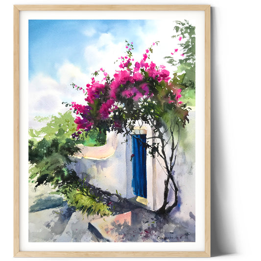 Coastal Watercolor Painting, Original Artwork, Greece, Greek Style Cityscape, Wall Art, Gift For Home, Blue, White