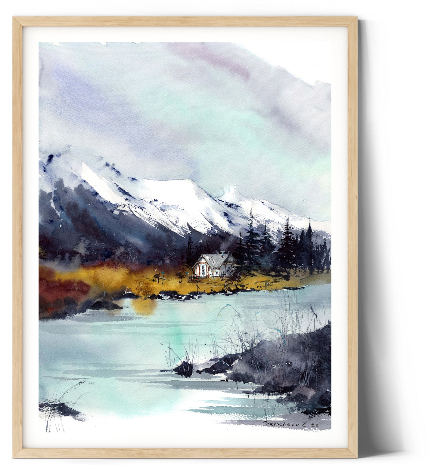 Mountain Lake Set of 2 Piece Fall Nature Wall Decor, Abstract Minimalist Watercolor Painting, Scenery Extra Large Prints