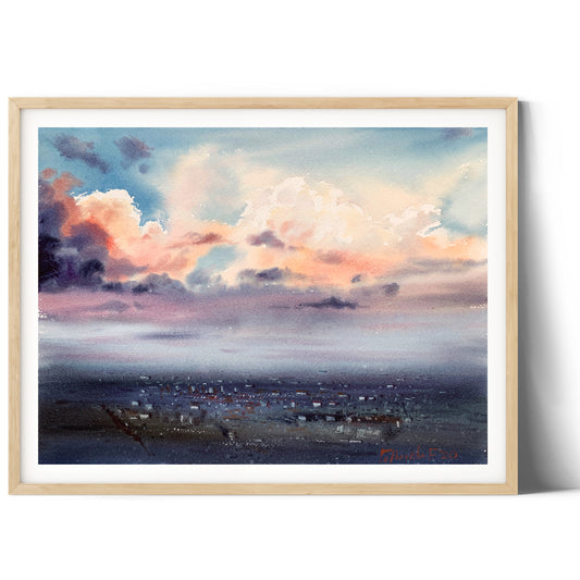 Cyberpunk City Above The Clouds Painting Original, Watercolor, Purple Clouds, Sunrise Cityscape Wall Art, Gift