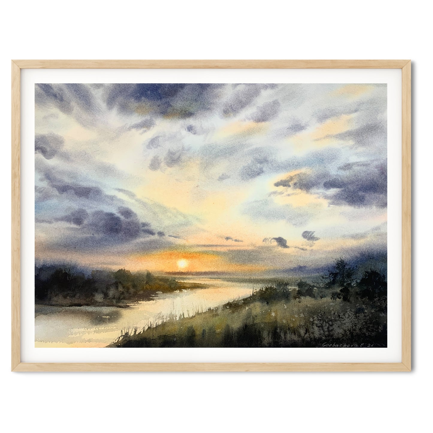 Rural Landscape Painting, Country Field Watercolor Original, Nature Art, Sunset River Wall Decor, Cloud Sky, Gift