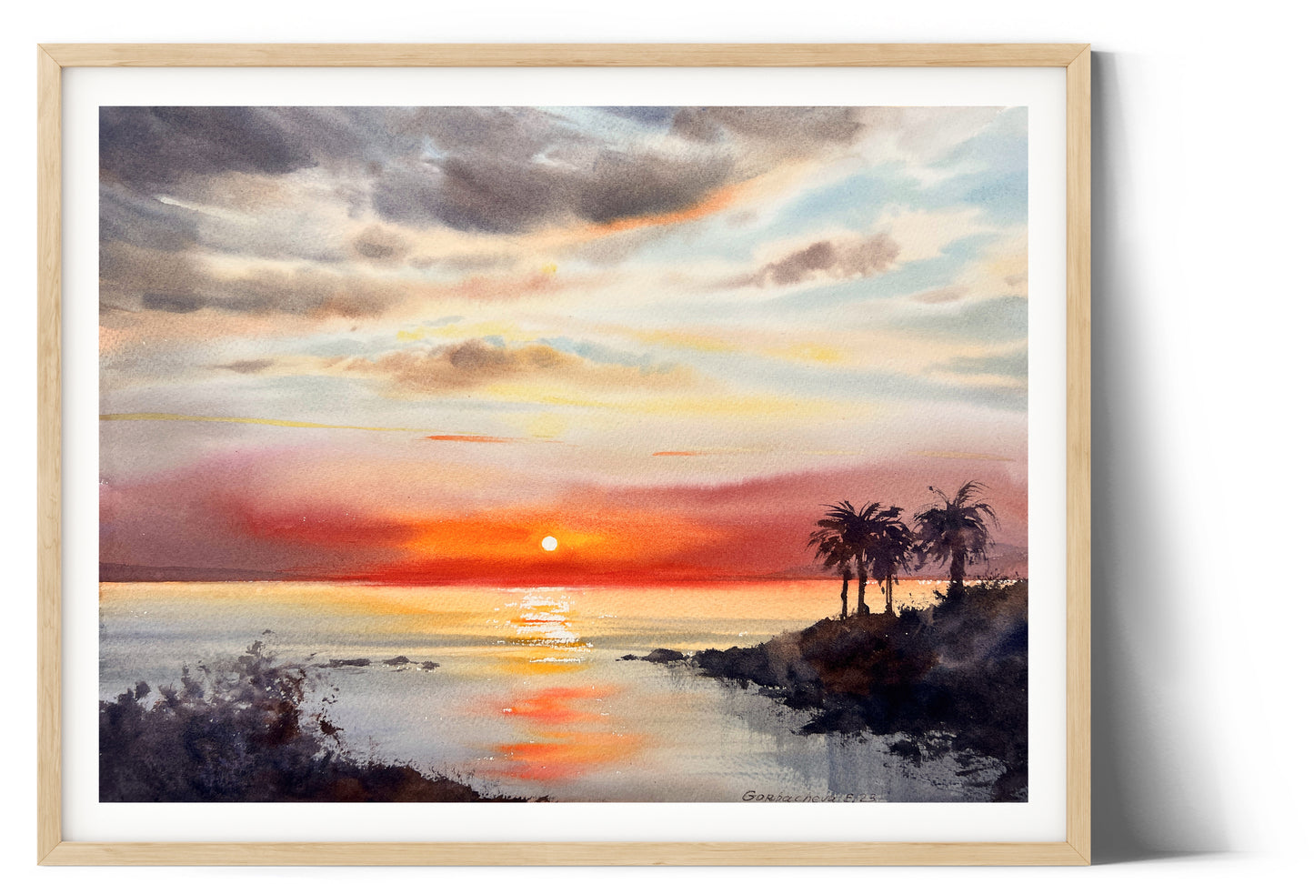 Palm Sunset Painting, Original Hawaii Artwork, California Beach Art, Watercolor Coastal Seascape, Gift