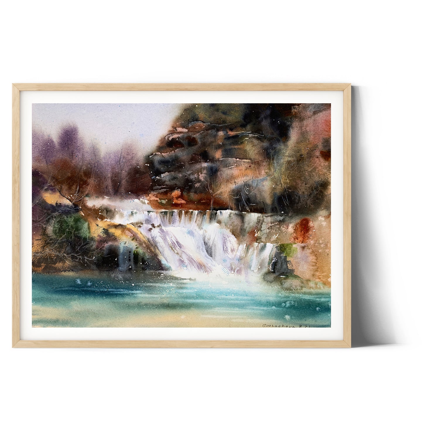 Nature Waterfalls Painting Watercolor Original, Island Beautiful Landscape, Home Wall Art Decoration, Gift For Husband