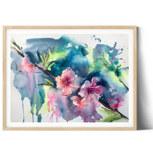 Pink Flower Painting, Original Watercolor Art, Blooming flowers Tree, Botanical Wall Decor, Wedding Gift, Nature Fine Art